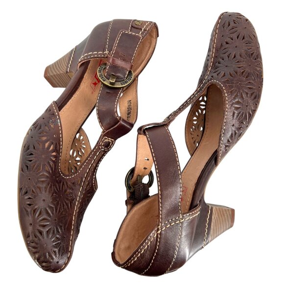 Pikolinos Floral Cutout T-Strap Heels Brown Leather Size 38 EU 7.5-8 US - Picture 3 of 13